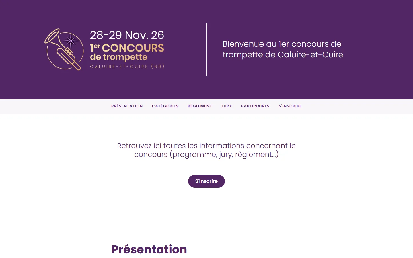Page d'accueil du site du 1er concours de trompette de Caluire-et-Cuire, 28 et 29 novembre 2026