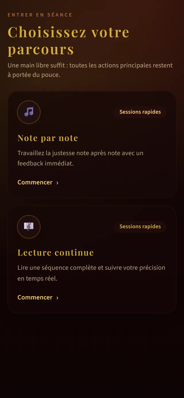 Trumpet Ear Trainer sur mobile : choix du parcours, Note par note ou Lecture continue