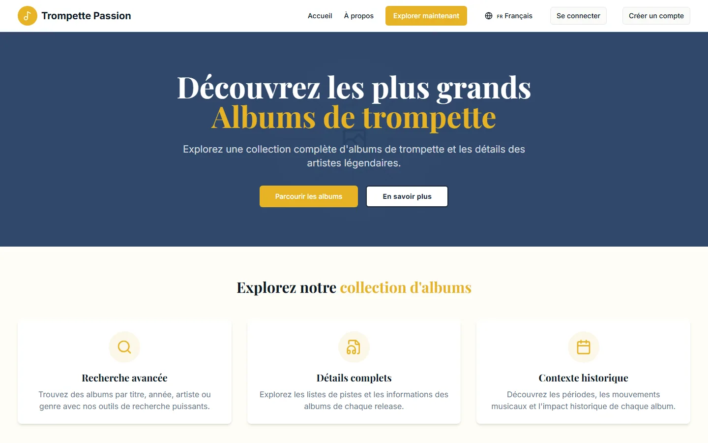 Page d'accueil de Trumpet Trove Explorer sur ordinateur : accès aux albums de trompette et aux fonctions de recherche